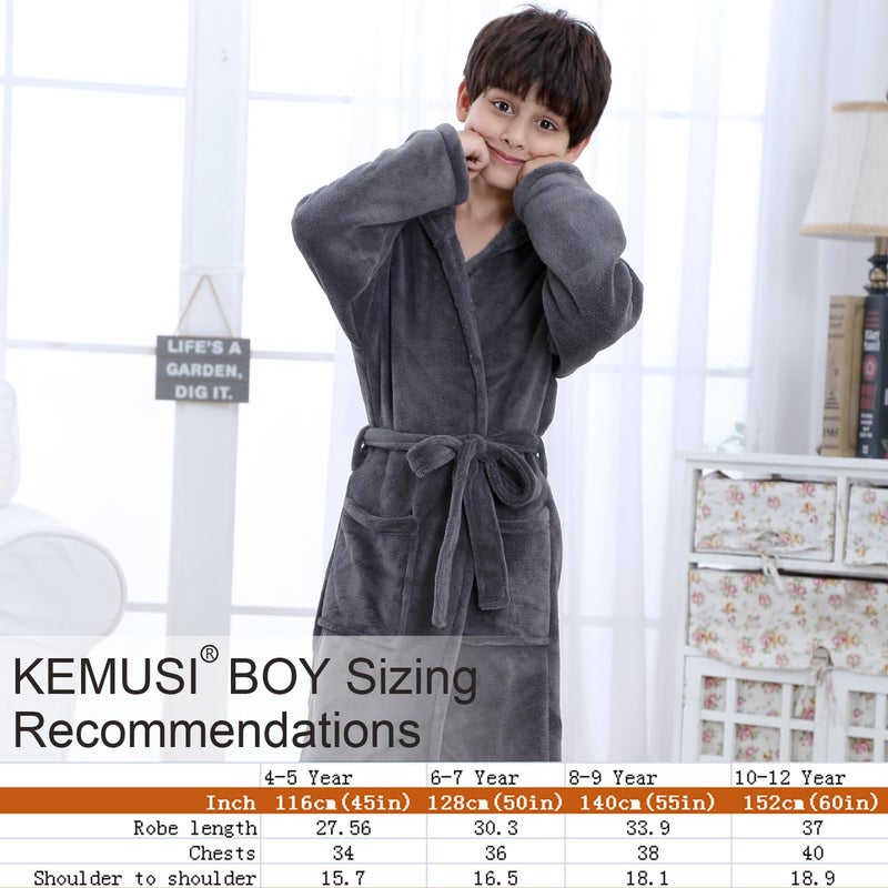 KEMUSI Hooded Herringbone Boy's Fleece Grey Soft Spa Kimono Long Robe, Kids Comfy Sleepwear Bathrobe(10-12 Year) - Image 2